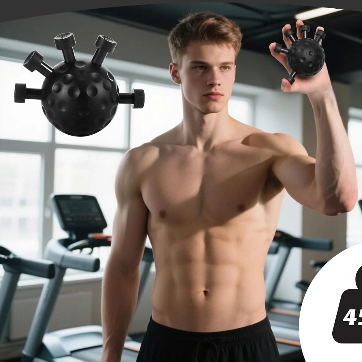 Man holding a black decompressive ball in a gym setting with text about its properties.